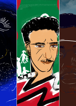 Five illustrated portraits taken from the humans in transit exhibit.